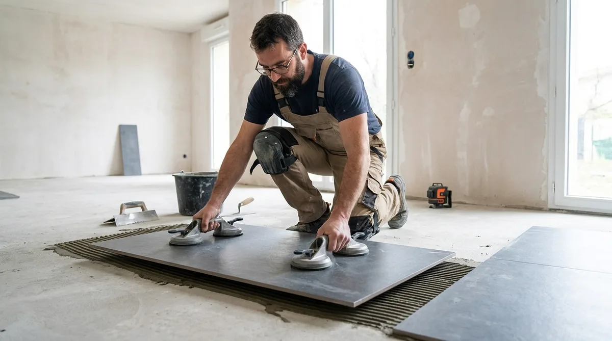 Artisan carreleur professionnel utilisant des ventouses de manutention pour poser une grande dalle de carrelage sur un sol préparé
