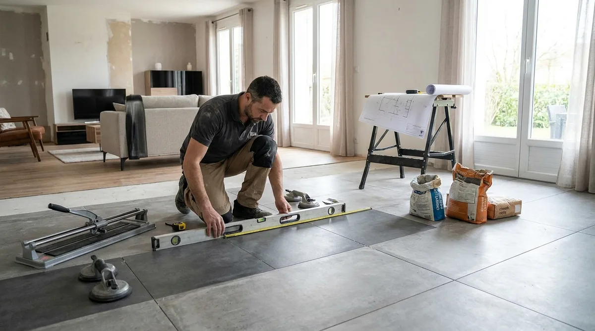 Salon moderne et lumineux avec un sol en carrelage grand format effet béton, montrant des joints très fins et une planéité parfaite