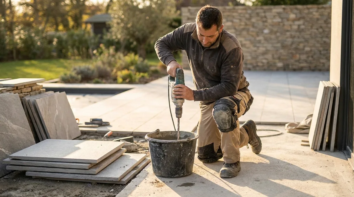 artisan maçon préparant le mortier pour coller des dalles sur une terrasse en béton