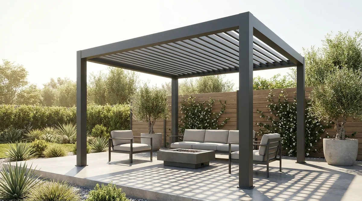 Modern freestanding 4x3 aluminum pergola in a sunny garden with adjustable louvers
