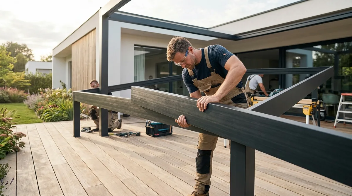 Carpenter installing a custom aluminum pergola on a wooden deck