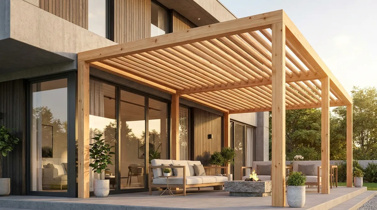 pergola en bois adossée à une maison moderne avec terrasse
