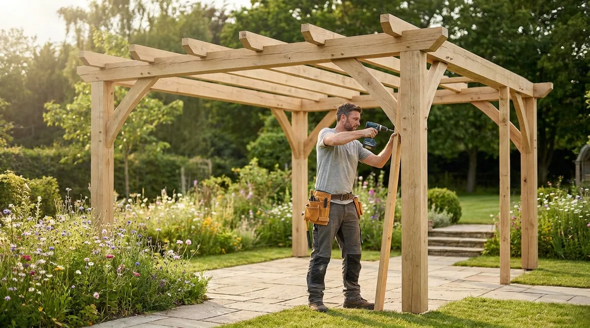 artisan charpentier montant l'ossature bois d'une pergola dans un jardin