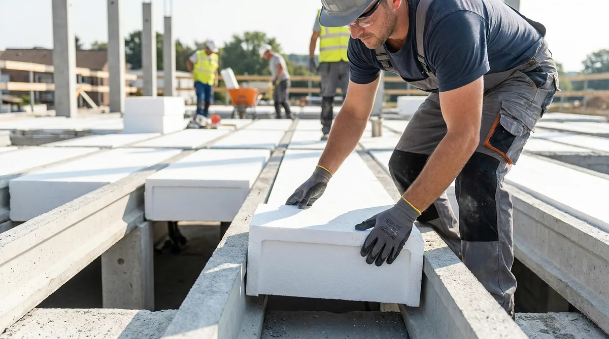 Ouvrier maçon installant des hourdis en polystyrène entre des poutrelles béton