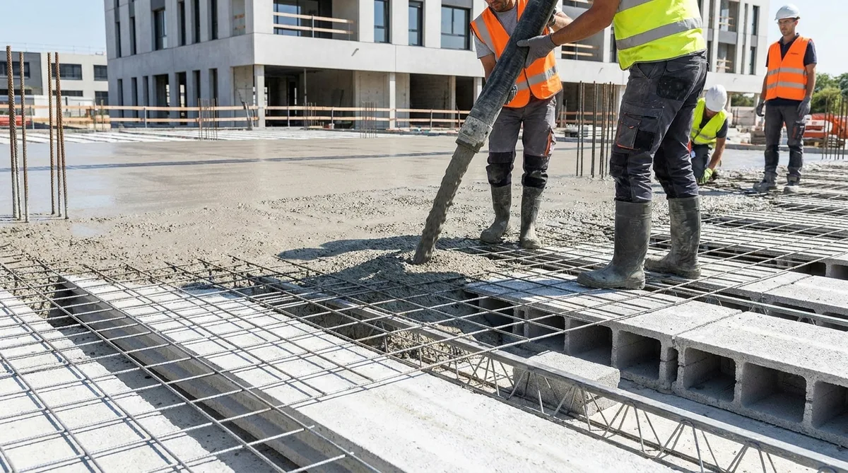 Coulage du béton sur un treillis soudé pour un plancher poutrelles hourdis