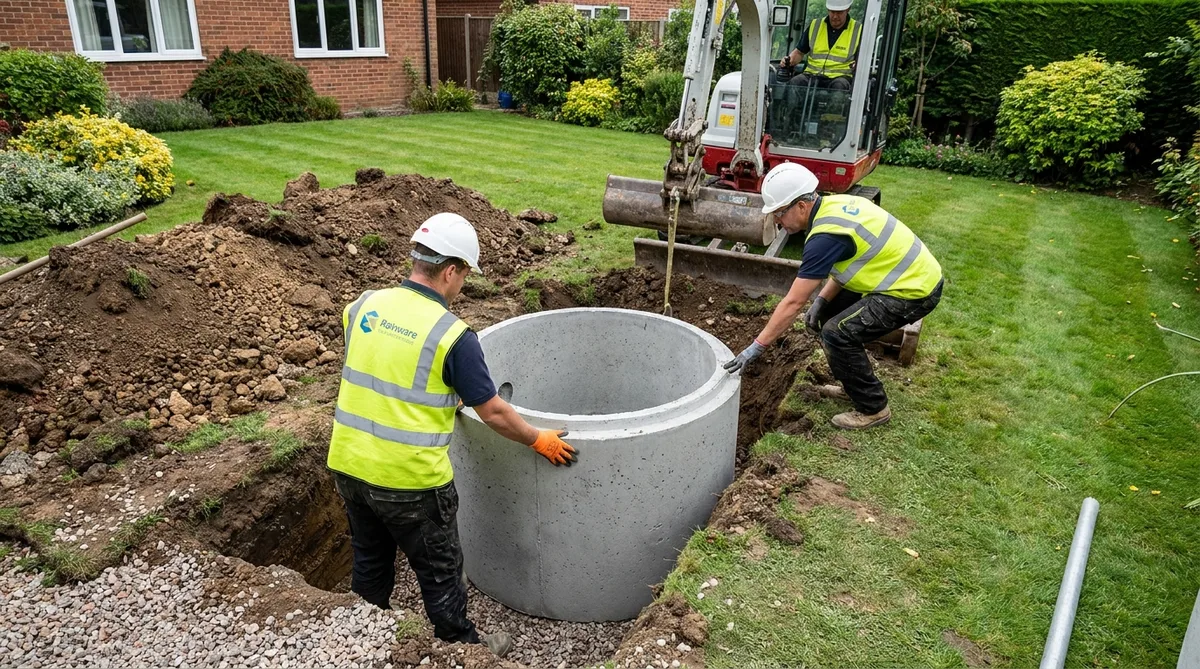 Concrete rainwater soakaway pit being installed in a garden trench