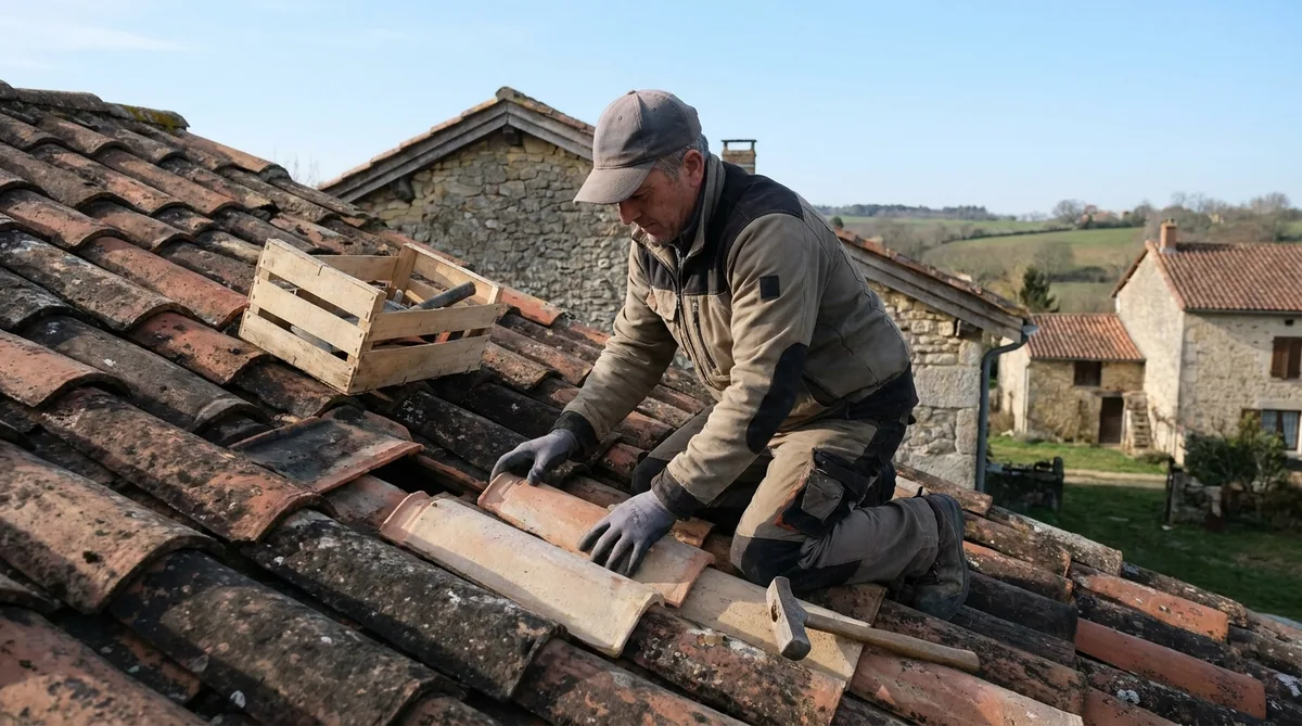 artisan couvreur remaniant une toiture en tuiles canal traditionnelles sous un ciel dégagé