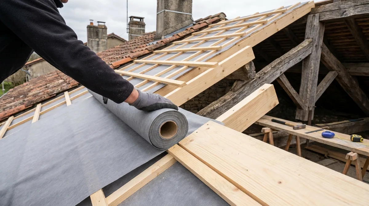 détail d'un chantier de toiture montrant la pose d'un écran de sous toiture HPV et de nouveaux liteaux en bois