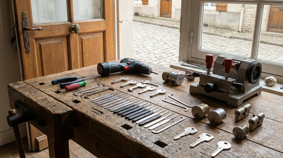 professional locksmith tools on a wooden table