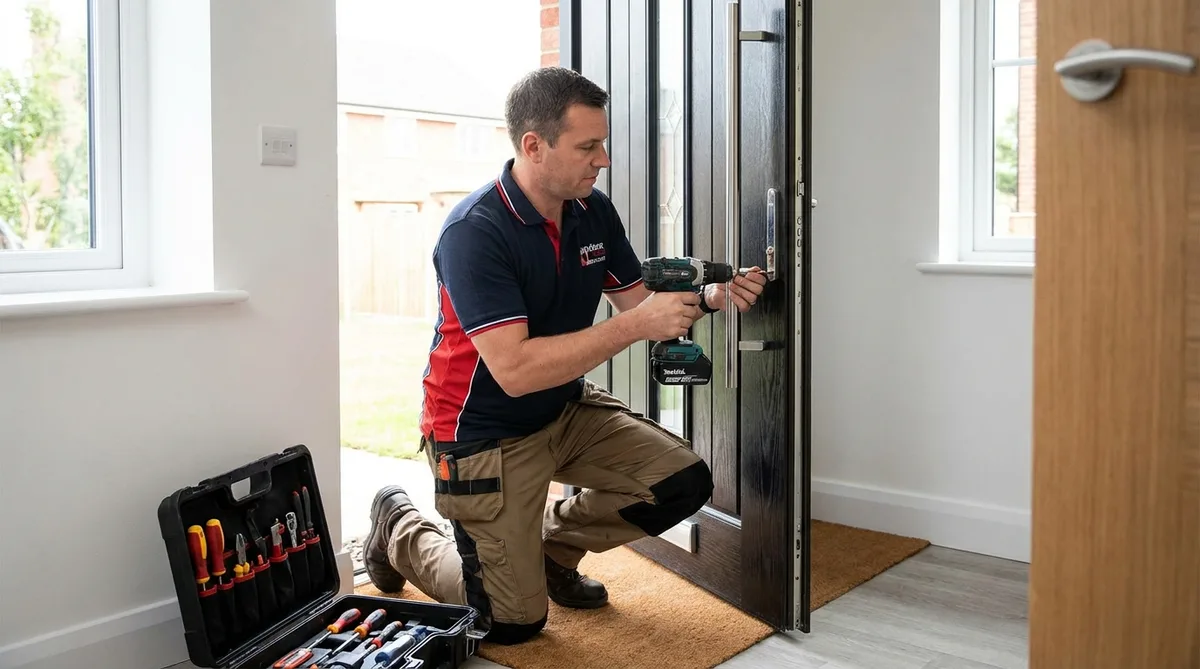 Serrurier professionnel installant une serrure multipoints de haute sécurité sur une porte d'entrée en bois