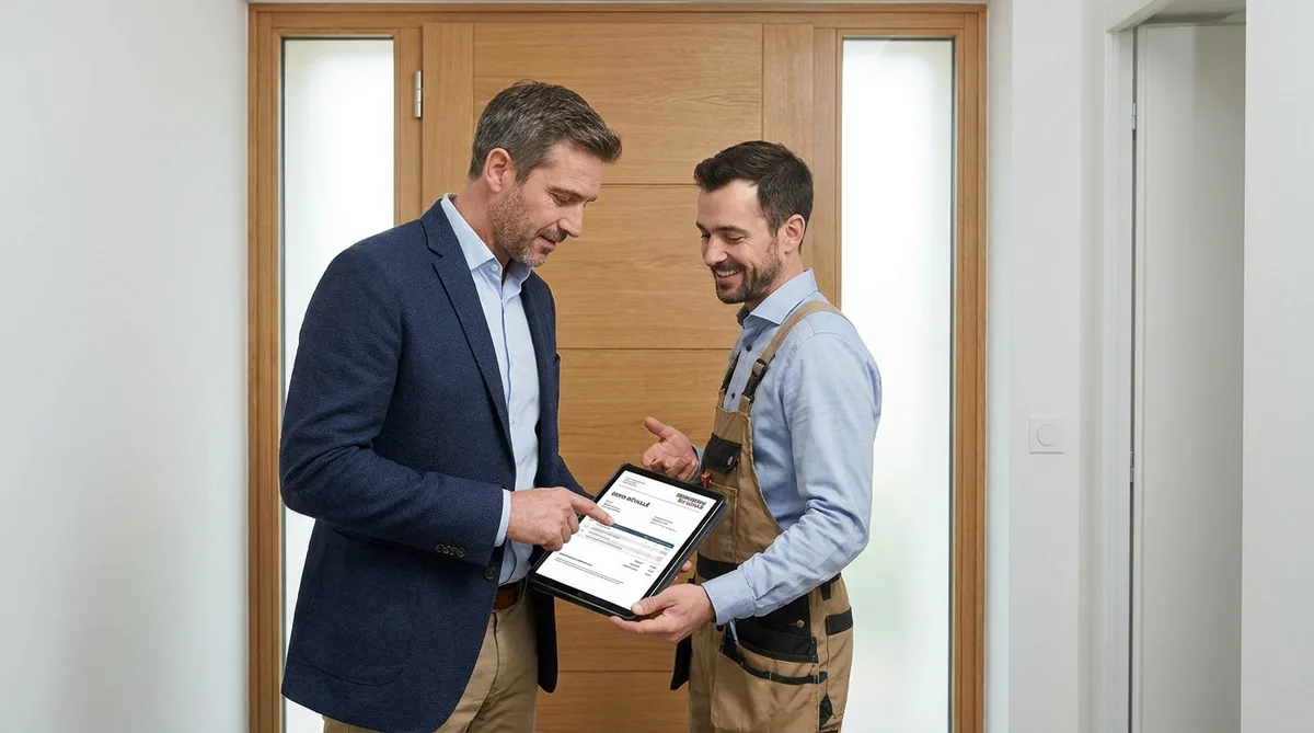 Client et artisan serrurier vérifiant un devis détaillé sur une tablette numérique devant une porte d'entrée