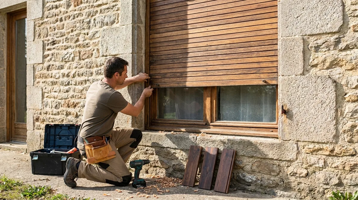 traditional wooden roller shutter on a stone house