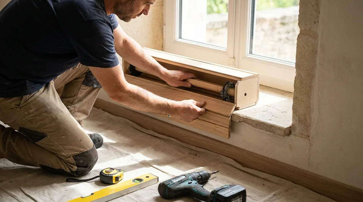 carpenter installing a wooden roller shutter mechanism