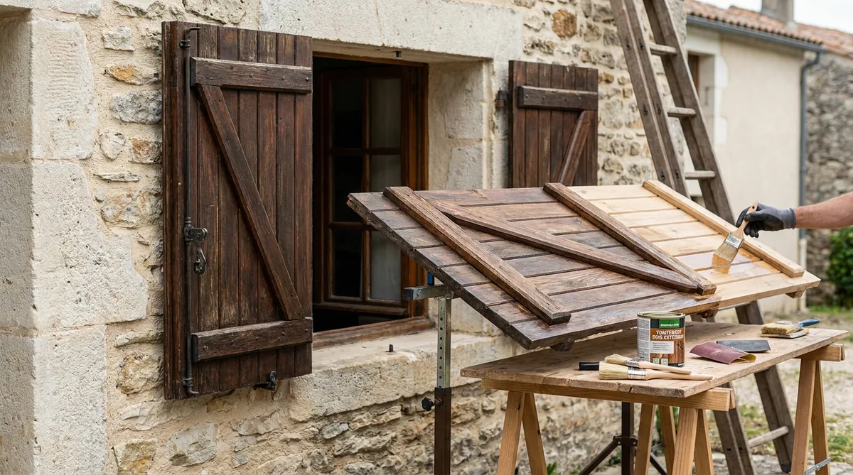 traditional wooden shutters on a stone house facade