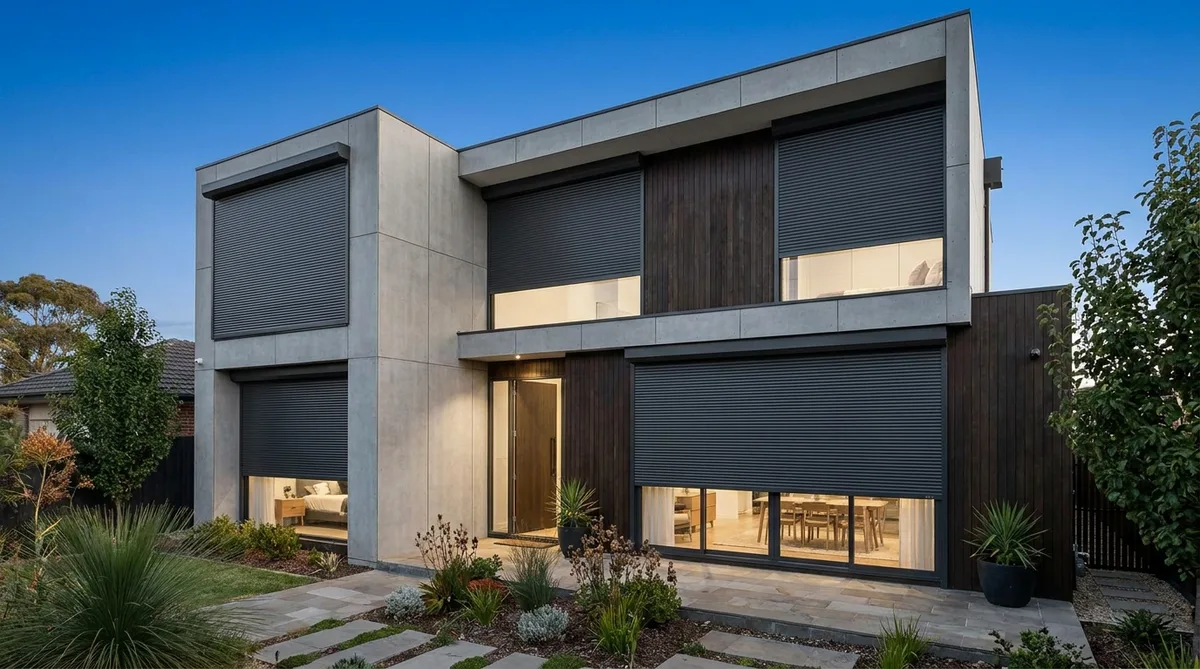Modern house exterior with closed aluminium roller shutters