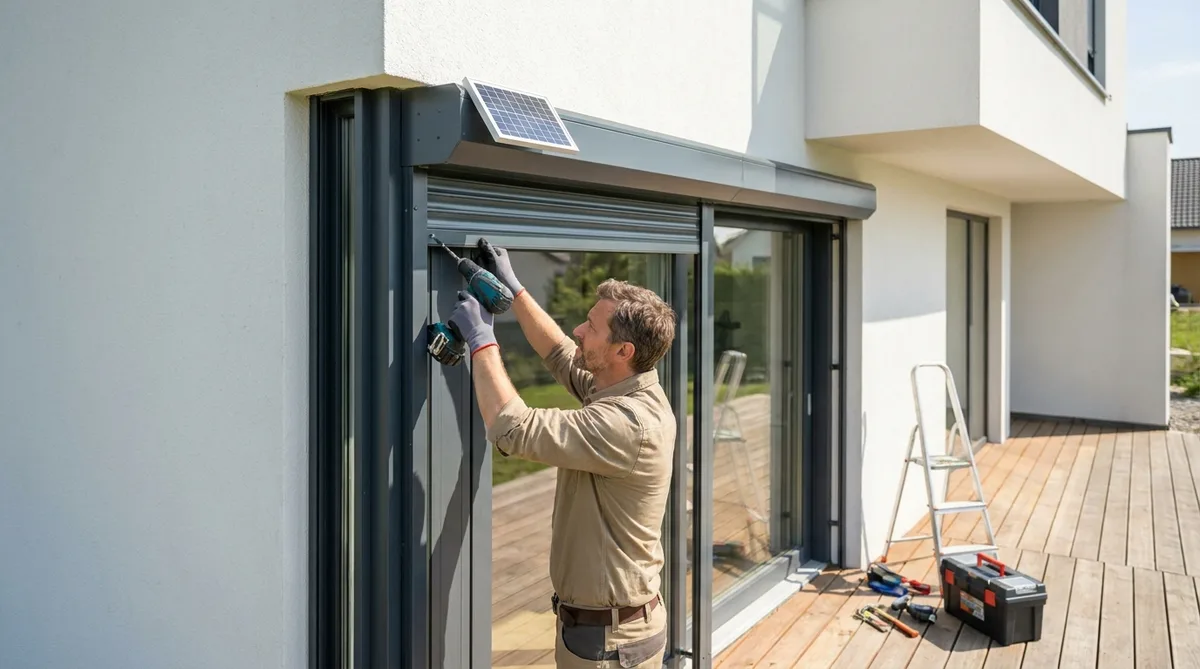 Carpenter installing a solar roller shutter on a window