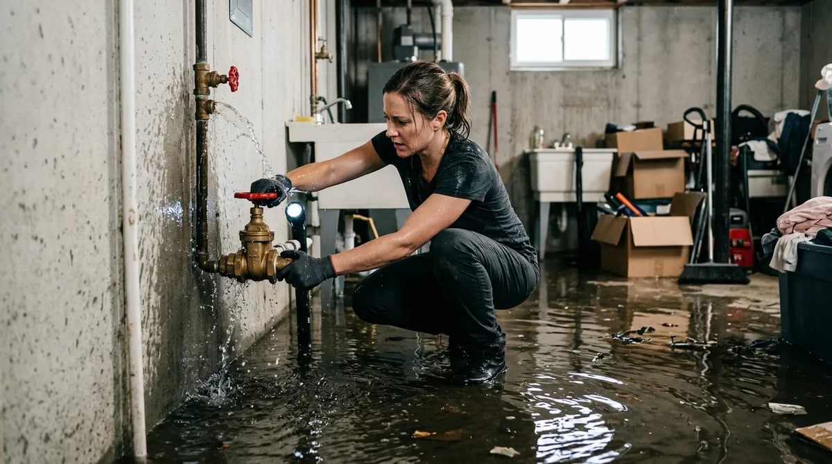 person hastily turning off the main water valve in a flooded basement