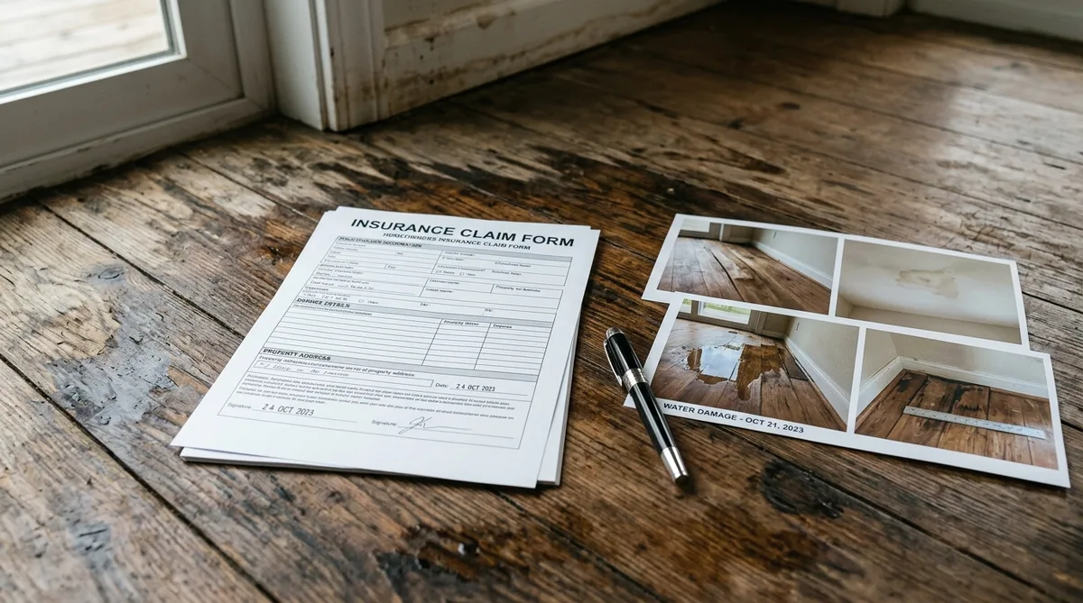 insurance claim form with a pen and photos of water damage on a wooden floor