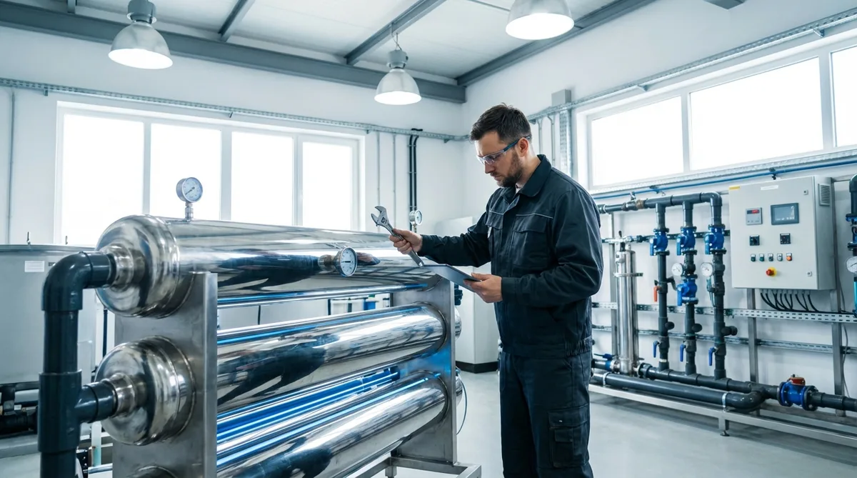 Entretien d'un filtre UV de station de traitement des eaux par un artisan plombier