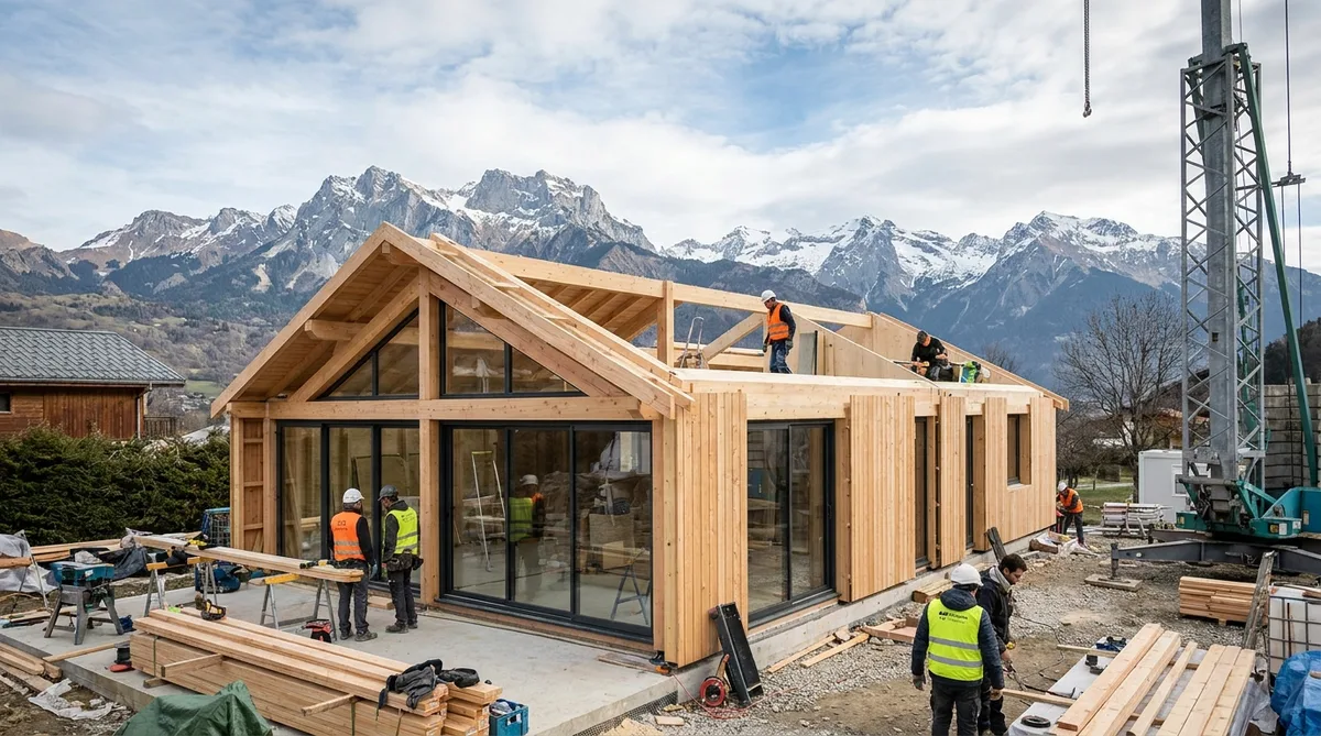 chantier de construction de maison ossature bois moderne dans les Alpes avec montagnes en arrière-plan en Isère