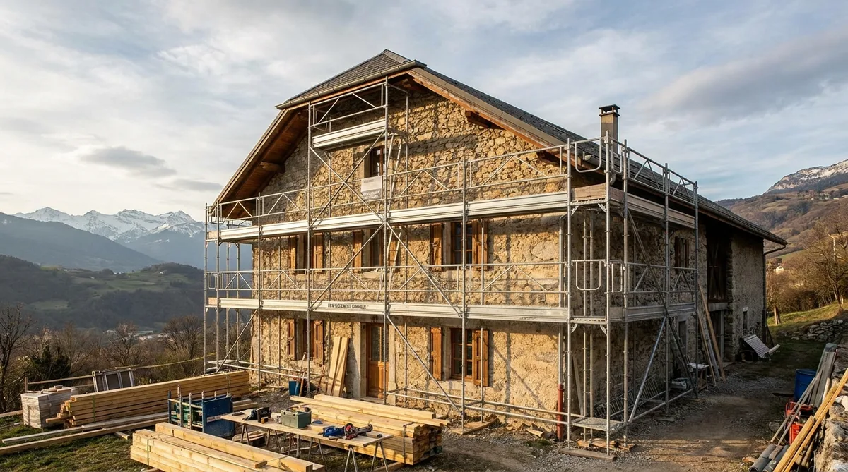 rénovation de maison traditionnelle en pierre dans la vallée de grenoble avec échafaudage de renforcement sismique
