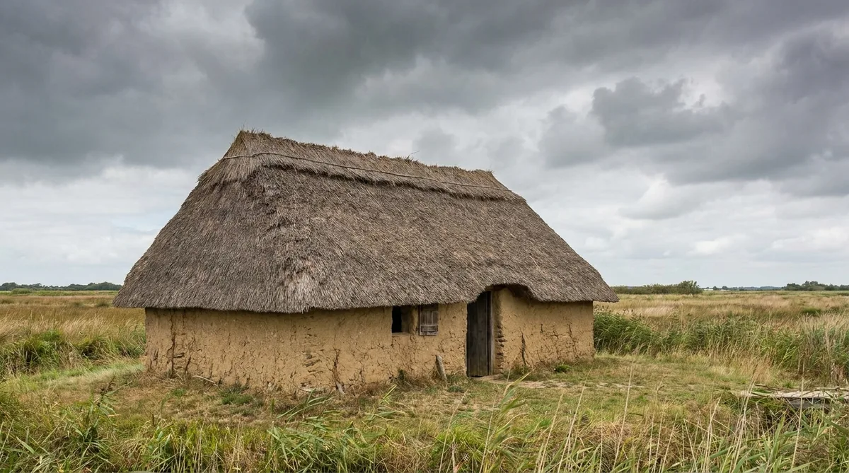 traditional earth and thatch roof bourrine house in Vendee marshes with cloudy sky