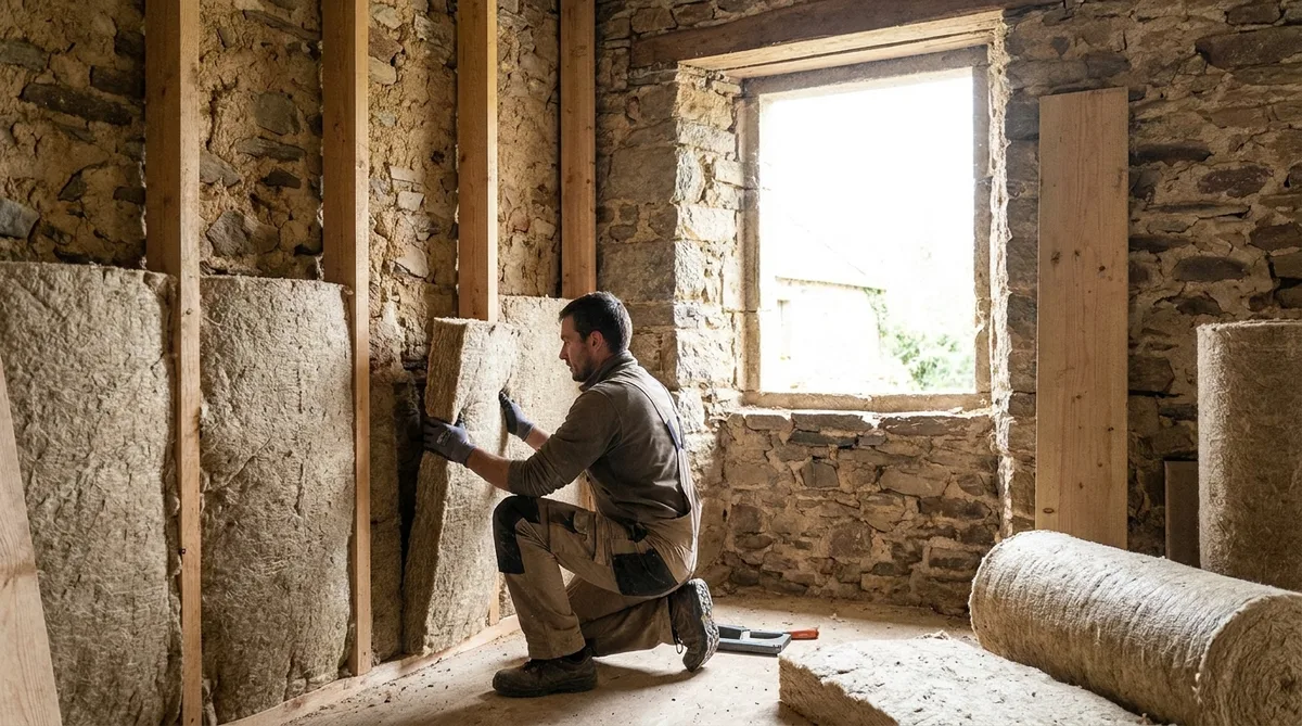 craftsman installing hemp insulation in an old stone and earth house in Pays de la Loire