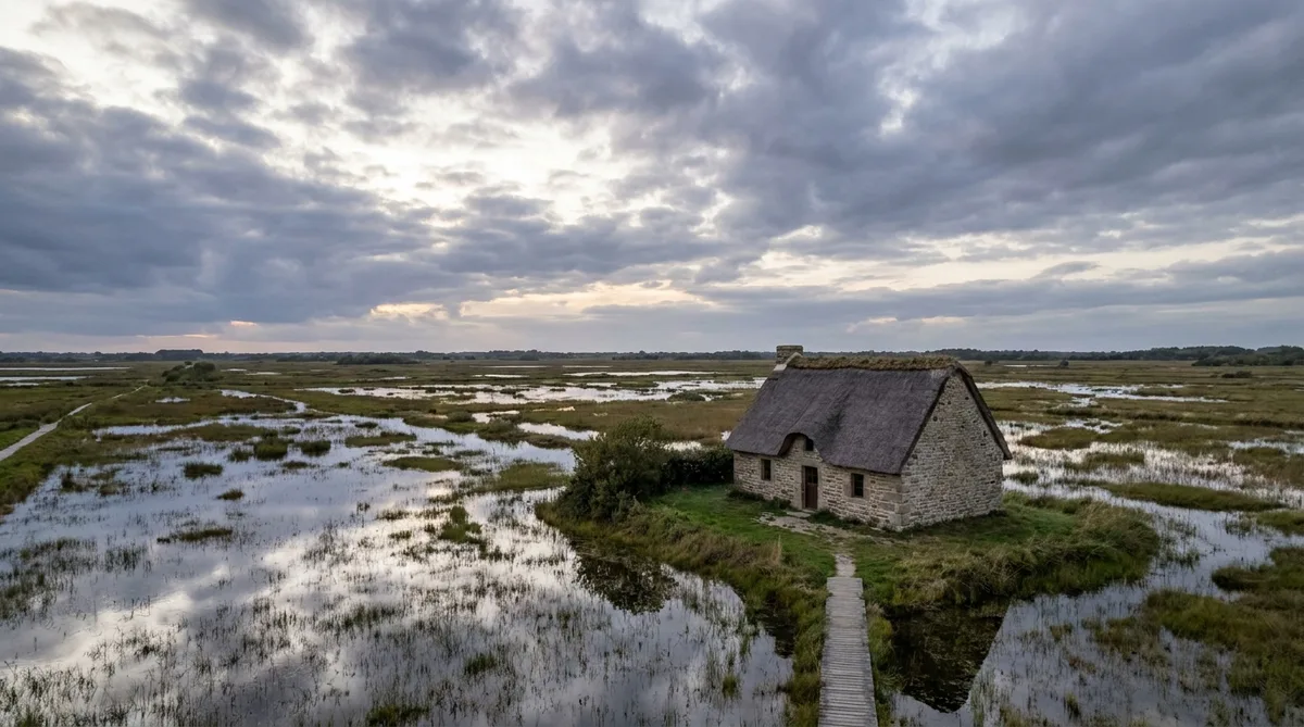 traditional thatched cottage in Brière regional park Loire-Atlantique with marshland and cloudy sky