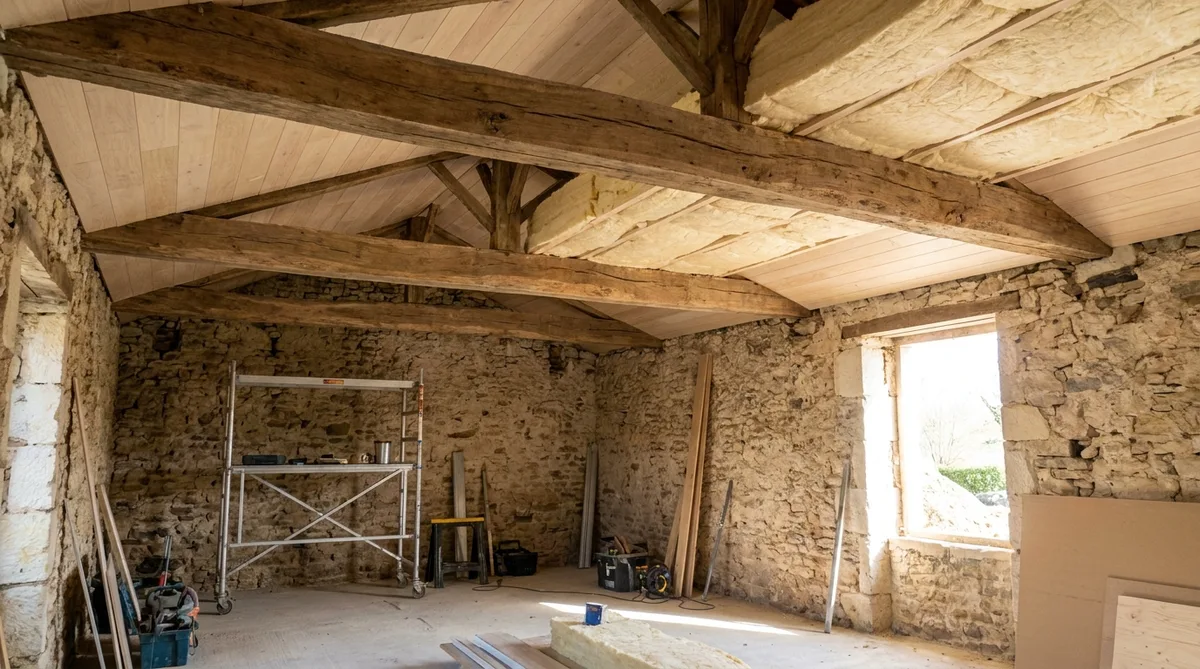 interior renovation of an old stone house in Pays de la Loire showing exposed wooden beams and new insulation materials