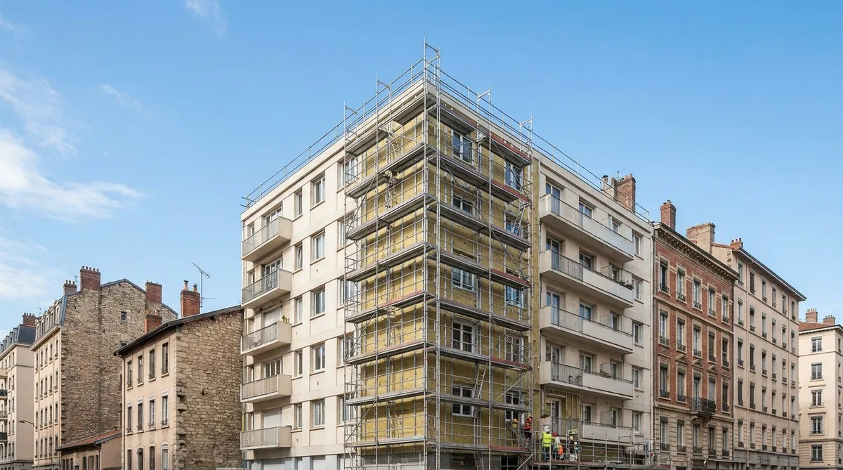 Rénovation d'une façade de copropriété des années 70 à Lyon avec des échafaudages pour isolation thermique par l'extérieur, ciel bleu et architecture urbaine rhodanienne