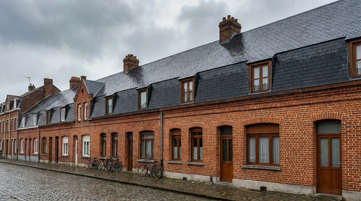 traditional red brick coron houses in a row in the Nord region of France with slate roofs under a cloudy sky