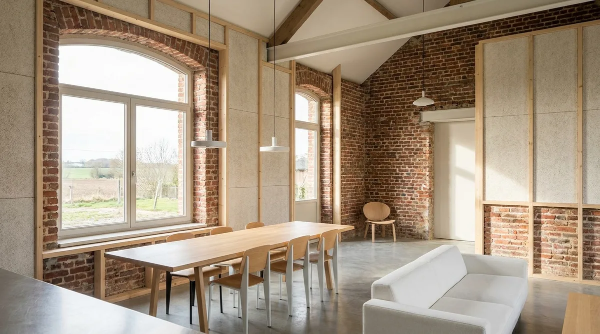 interior renovation of an old miner house in Hauts-de-France, exposing red bricks, modern insulation, and natural light
