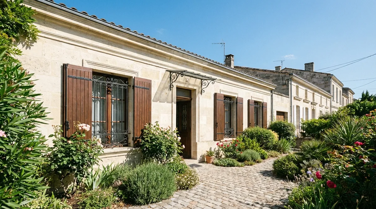 traditional single-story limestone echoppe house in Bordeaux Gironde with wooden shutters, wrought iron details and a small street garden under a sunny sky