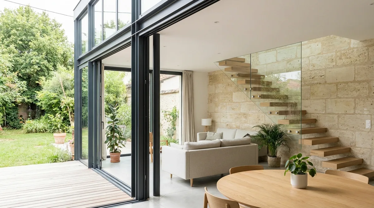 modern interior renovation of an old stone echoppe in Gironde with a bright glass extension facing the garden, exposed limestone wall and contemporary wooden staircase