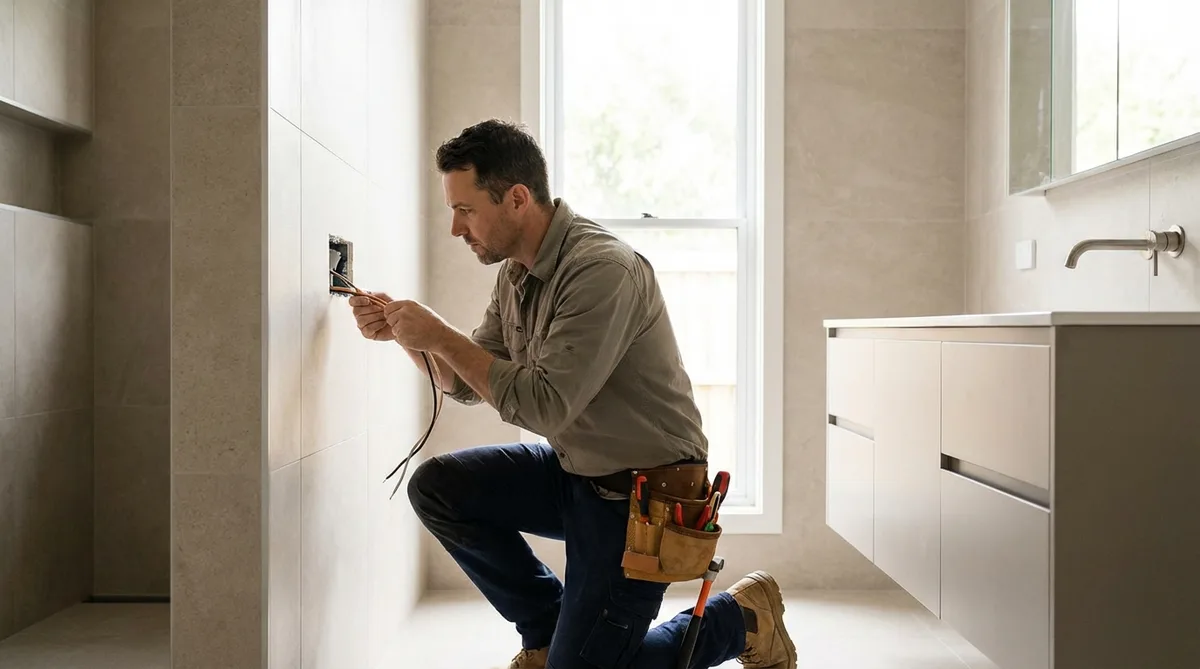 electrician installing wiring in a modern bathroom