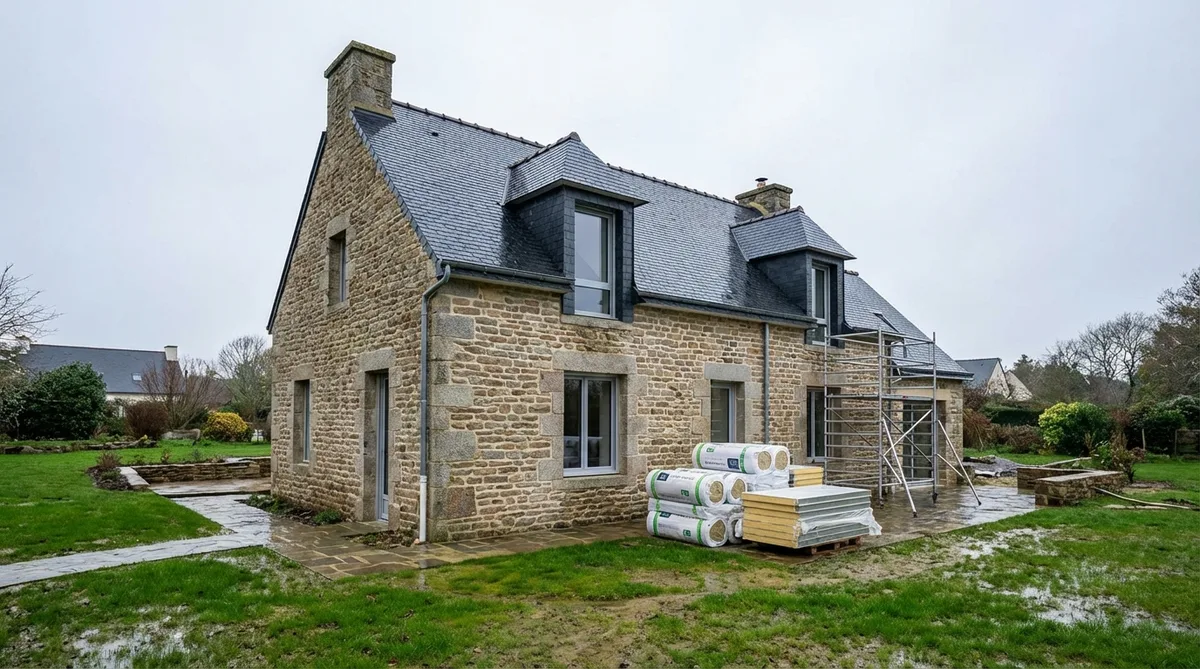 traditional granite neo-breton house renovation in Cotes-dArmor under a cloudy sky with slate roof and new insulation materials