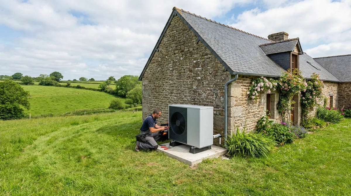 artisan installing a heat pump outside a traditional stone longere in Brittany countryside, green landscape