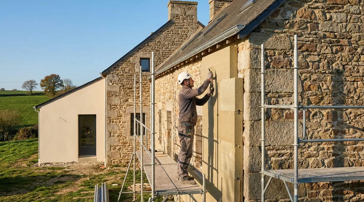 Loire-Atlantique traditional stone house renovation, skilled mason working on facade insulation