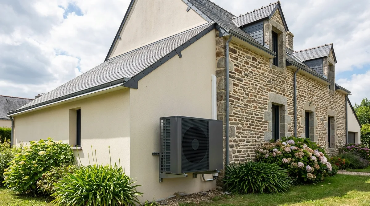 Modern heat pump installation on a renovated house in Nantes, eco-friendly energy system, French Pays de la Loire architecture