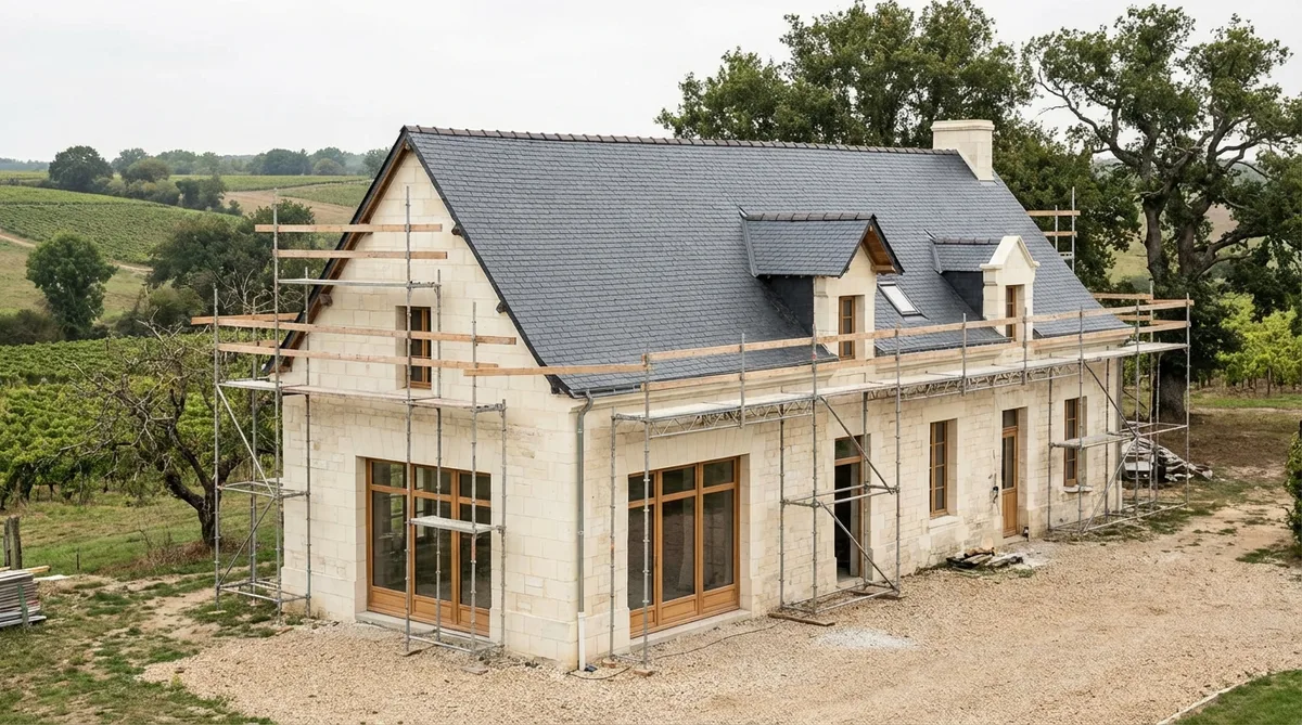 traditional tuffeau stone house renovation in Loire Valley with slate roof and scaffolding