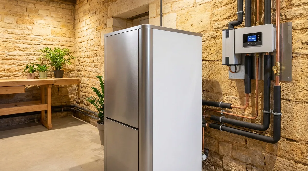 modern eco-friendly heat pump installation in a traditional Anjou home basement with tuffeau walls