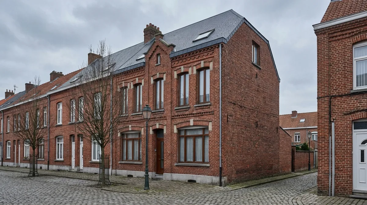 Typical 1930s terraced house in northern France, red brick facade, tall narrow windows, overcast Hauts-de-France sky, traditional town street
