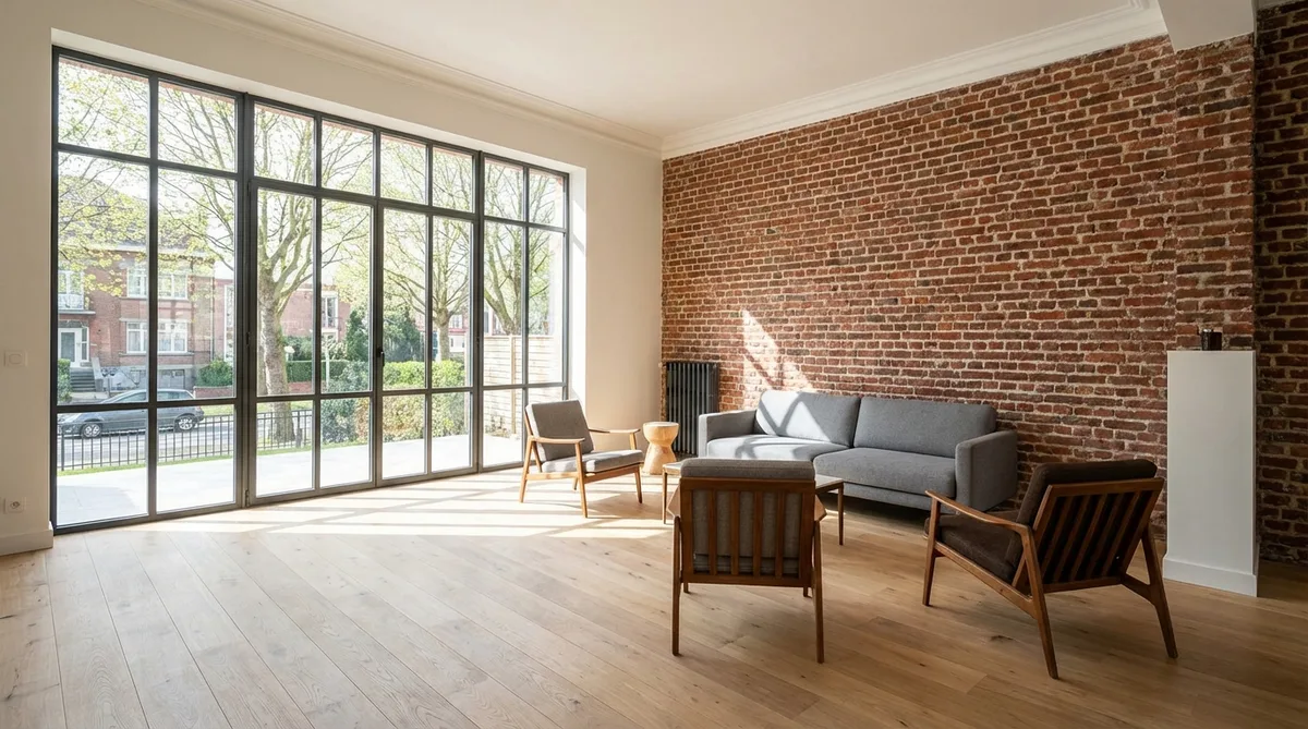 Interior renovation of a 1930s house in Lille, high ceilings, exposed red brick wall restored, modern wood flooring, bright natural light coming from a large window