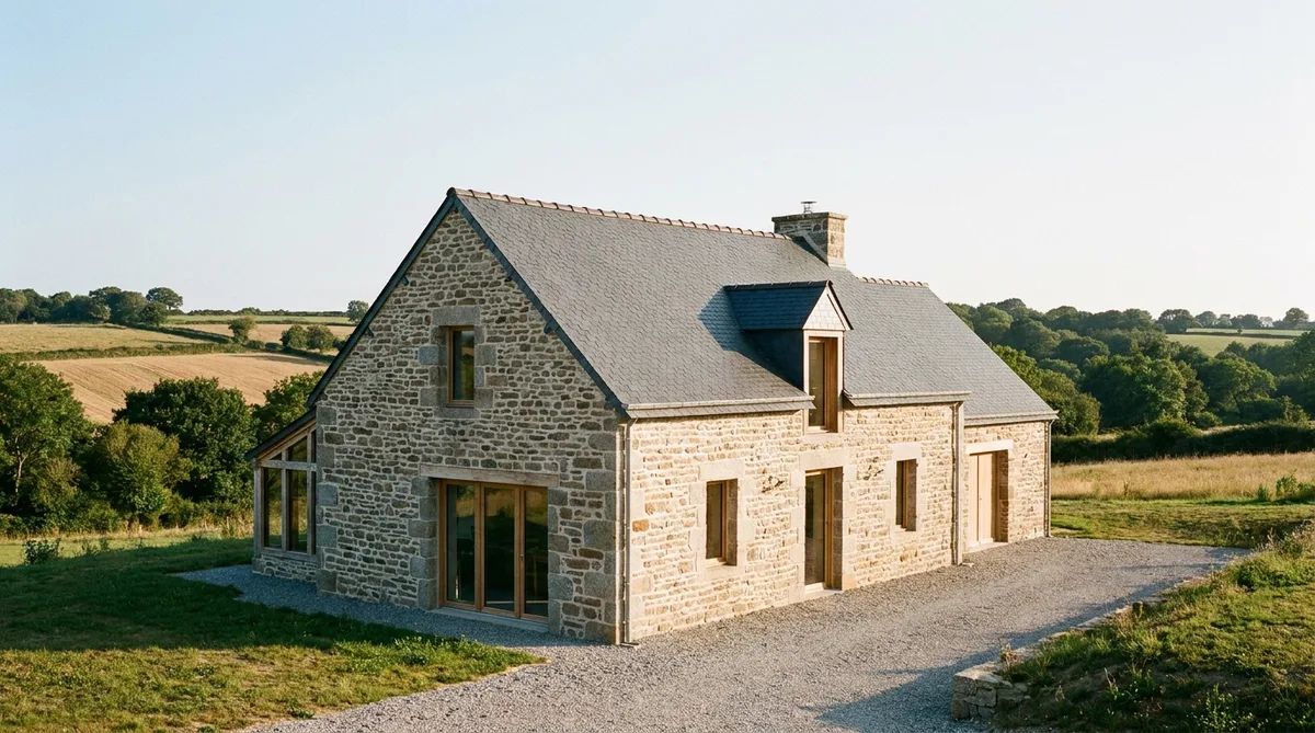 traditional breton granite stone house renovation with slate roof in Cotes d Armor countryside