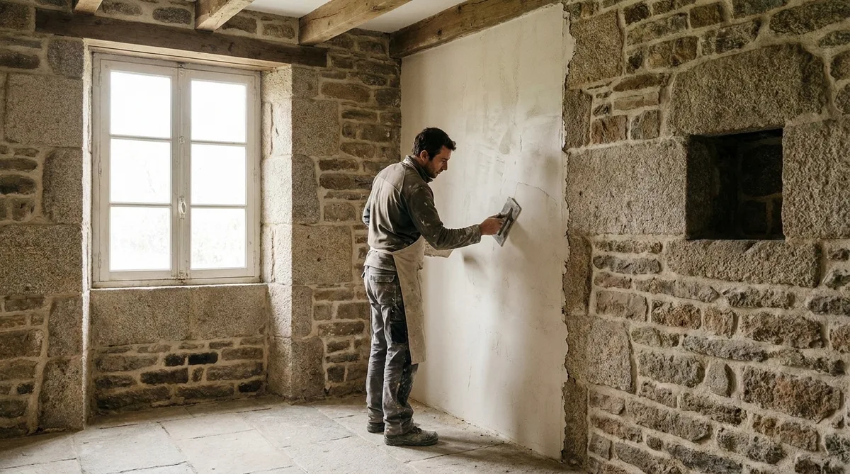 craftsman applying lime plaster on interior granite wall of a traditional house in Brittany