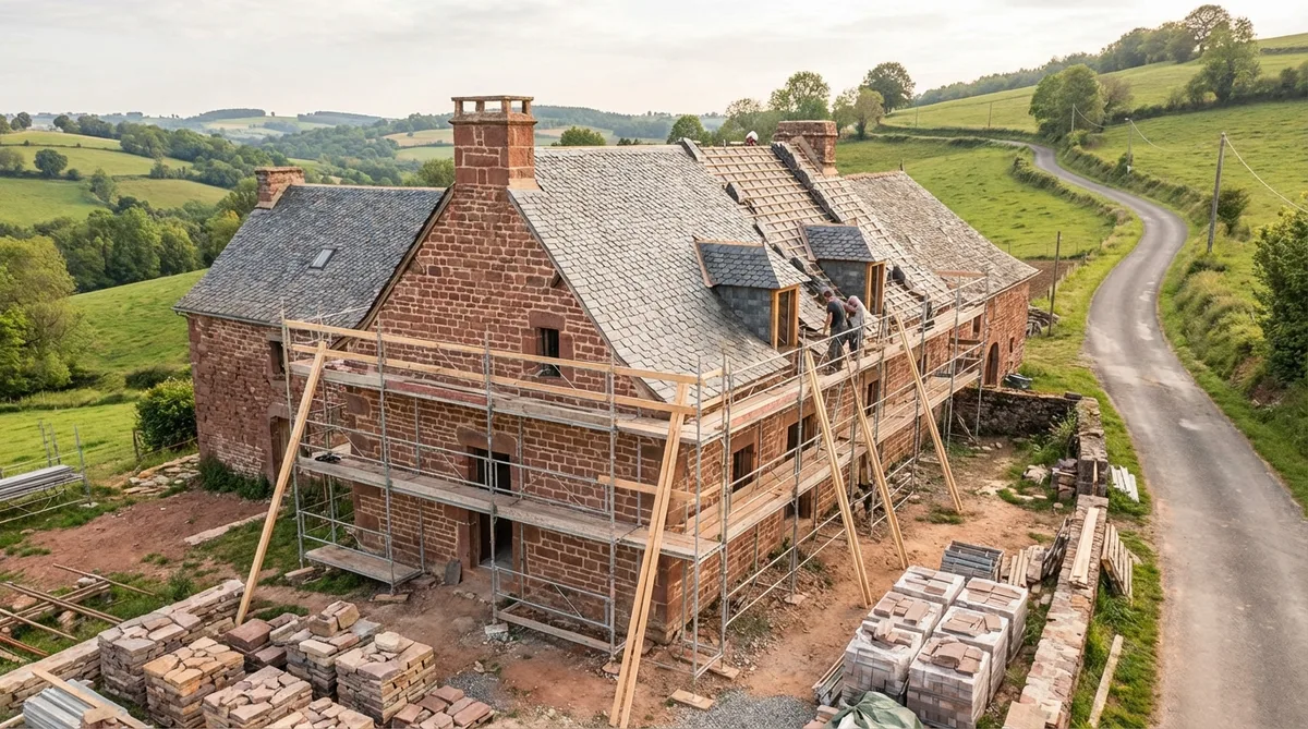 Traditional red sandstone house renovation in Correze countryside with slate roof and scaffolding