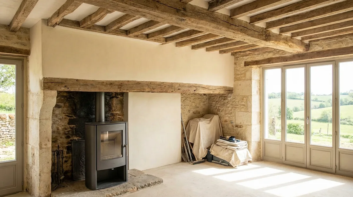 Interior of an old stone house in Nouvelle-Aquitaine being renovated, showing exposed beams, natural lime plaster, and modern wood-burning stove