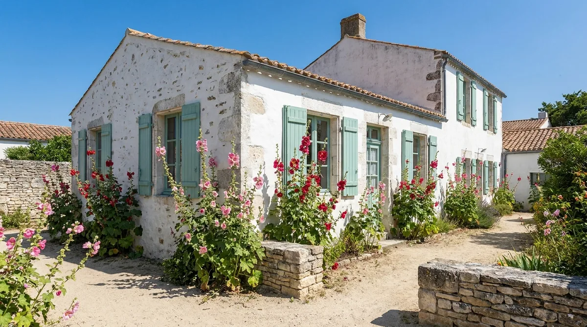 traditional white stone house on Ile de Re with green shutters and hollyhocks under sunny blue sky