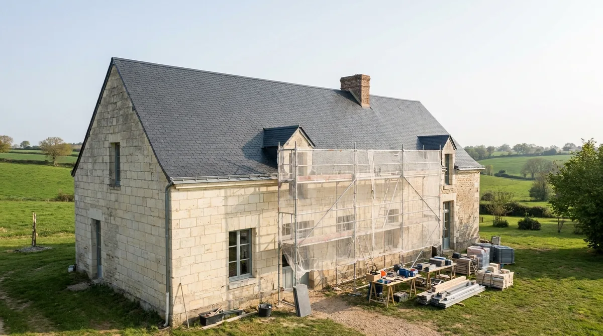 traditional tuffeau stone house renovation in Maine-et-Loire countryside with slate roof and scaffolding