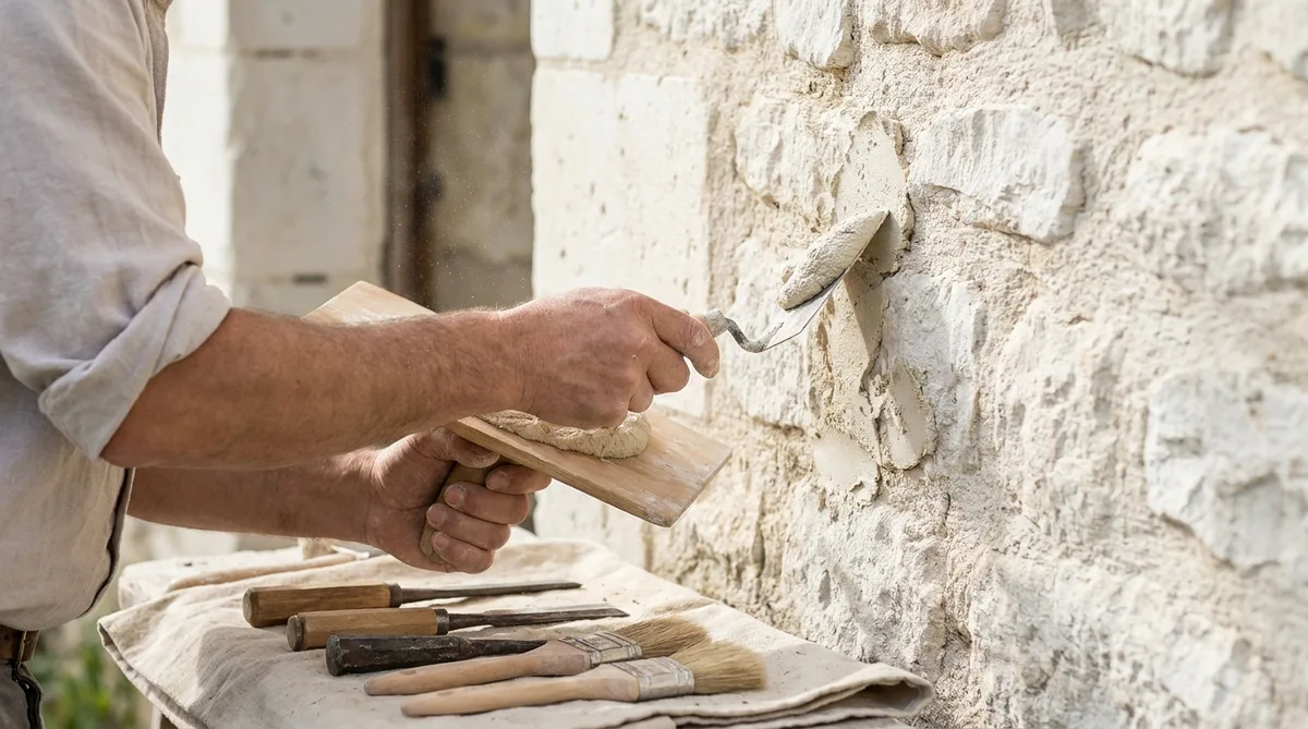 close up on white limestone facade restoration by a craftsman in Anjou with traditional tools and lime mortar